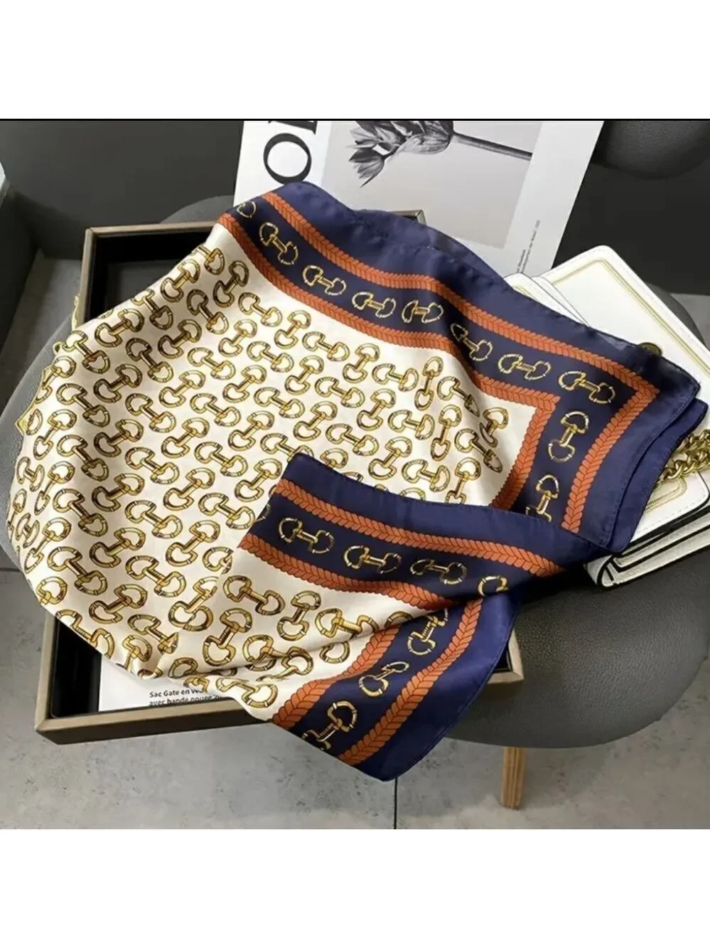 Square Scarf Blue Edge Golden Buckles Printed, Silky Style Neck Scarf